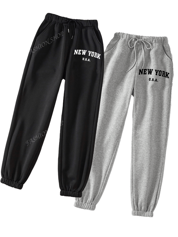 2 Piezas Pantalones Deportivos Con Estampado De Letra De Dibujos Animados De Cintura Con CordóN