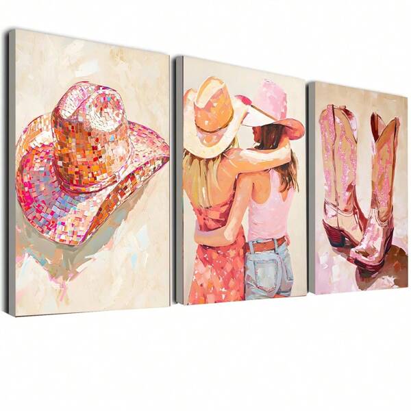 3 stuks Comfrey Coastal Cowgirl Canvas Wandkunst Kamerdecoratie Ingelijste Western Meisjes Roze Laarzen Hoeden Preppy Posters Prints Aquarel Schilderij Voor Slaapkamer GEEN Lijst