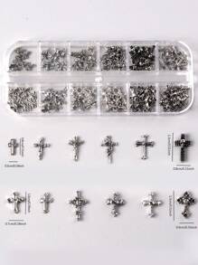 TSZS 12 槽盒装 120 件朋克 Y2K 暗黑风格混合合金组合美甲用品指甲饰品美甲宝石 - 灰色 - 查看 4