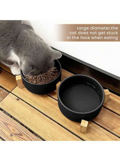 Ceramic Cat/Dog Bowl With Anti-Slip Wooden Stand, Elevated Pet Food & Water Bowl, Round Pet Feeding Bowl, Dishwasher , Easy To Clean