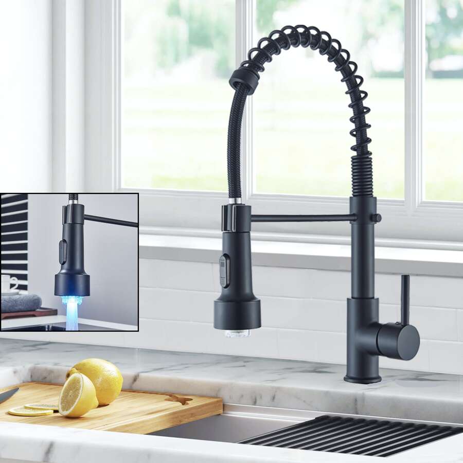 Matte Black LED Light Kitchen Sink Faucet With Pull Down Sprayer 1 Hole Single Handle Swivel Sink Faucet - Black - View 1
