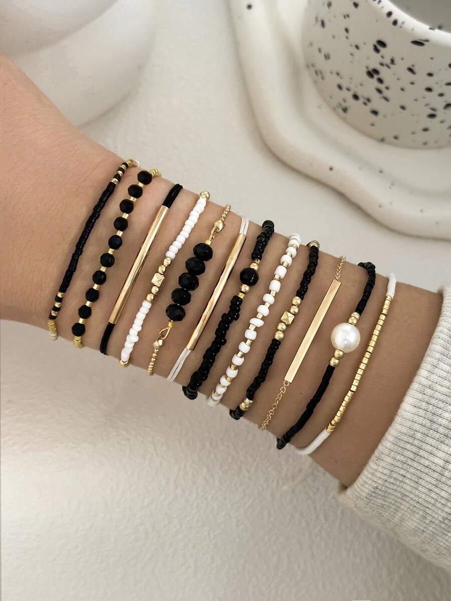 12pcs/Set Handmade Black Crystal Look Fashion Bracelets Set, Beads Woven Faux Pearl Bracelet Set For Women