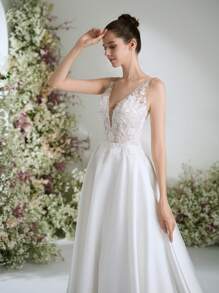 Elasola 婚纱白色深 V 领缎面华丽正式晚会舞会浪漫婚礼宾客礼服，优雅新娘婚纱 - 白色 - 查看 4