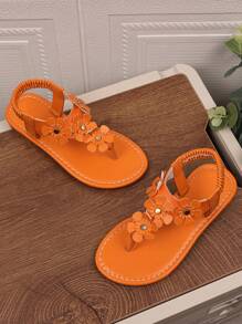 1 Pair Orange Plus Size Fashion Toddler/Kid Girl Sandals, Solid Color PU Strap With Metal Flower Decor, Elastic Back Heel Design, Round Toe Open Toe, Comfortable Flat Casual Vacation Sandals, For 3-15 Years Old Girls & Boys, Spring/Summer New 2025 - Orange - View 8