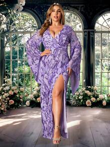Plus Size Women's Printed High Slit Party Dress - Purple - View 1