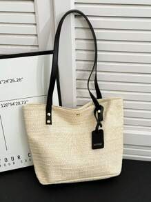 Women Simple Woven Patchwork Color Block Shoulder Tote Bag, Resort Element Beach Bucket Bag - Black - View 1