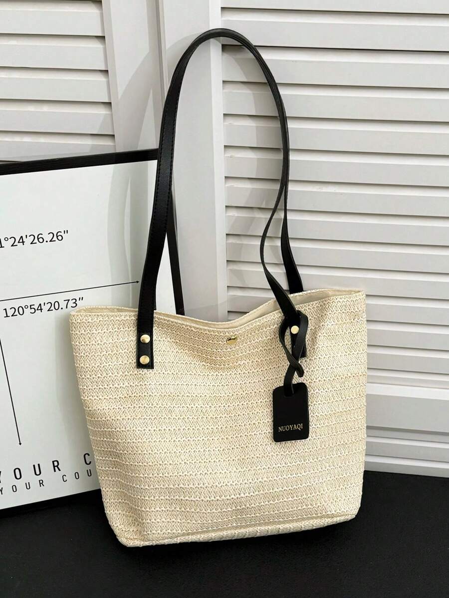 Women Simple Woven Patchwork Color Block Shoulder Tote Bag, Resort Element Beach Bucket Bag - Black - View 1