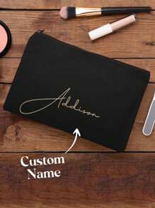 Customized Black Makeup Bag, Personalized Accessories Bag, Bridal Party Gift, Bridesmaid Gift, Women's Makeup Bag, Customized Toiletry Bag, Makeup Brush Storage Bag, Travel Essential Makeup Bag, Daily Commuter Bag