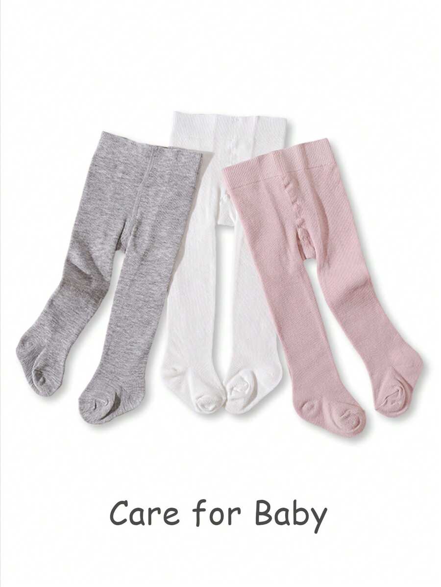 3 Pairs Girls' Pink Solid Color Opaque Princess-Style Tights, Suitable For Daily Matching