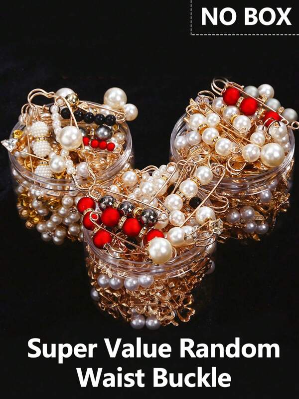 Set de 12/34/50 piezas de accesorios de ropa de mujer de gran valor con estilo aleatorio, que incluye: alfileres para la cintura, flores para el pecho de moda, alfileres de perlas falsas, clips, hebillas ajustables, broches, botones para prevenir el deslizamiento (sin caja)