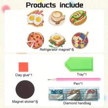 6 件钻石艺术冰箱贴早餐钻石画装饰，DIY 钻石画磁铁套件适用于 DIY 工艺礼品冰箱邮箱装饰