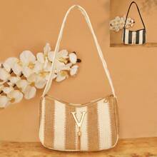 1pc Women's Light Weight Casual Striped Contrast Color V-Shaped Tassel Decor Woven Fabric Shoulder Bag, Simple Design With Zipper Closure - Multicolor - View 1