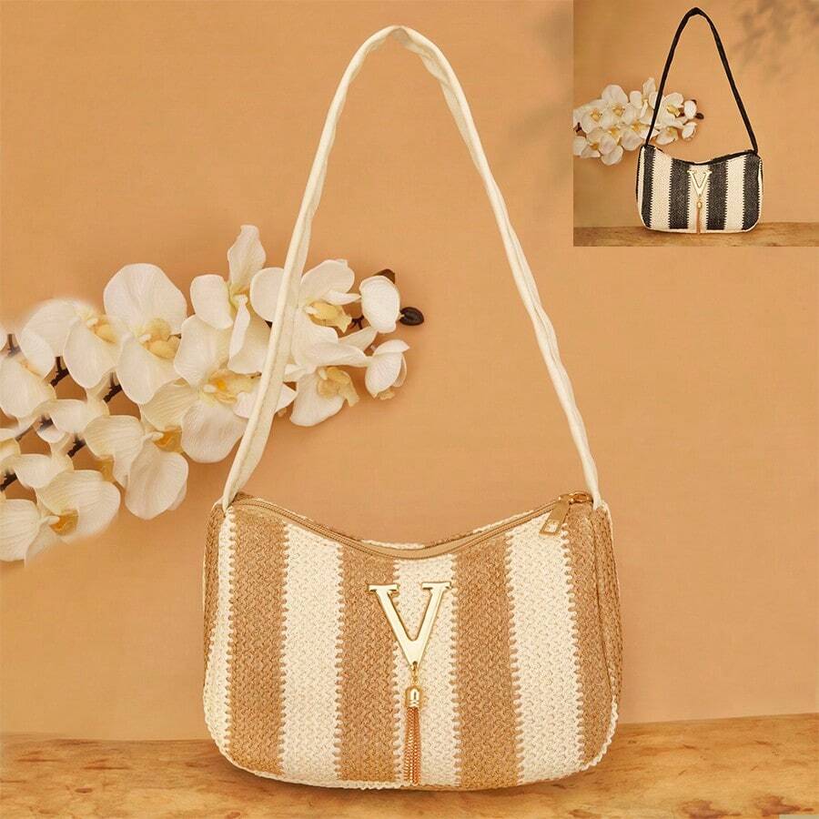 1pc Women's Light Weight Casual Striped Contrast Color V-Shaped Tassel Decor Woven Fabric Shoulder Bag, Simple Design With Zipper Closure - Multicolor - View 1