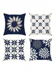4 件套现代几何花卉图案抱枕套 - 柔软天鹅绒材质，蓝白配色，17.7 x 17.7 英寸，拉链设计，适用于客厅和卧室装饰 - 不含枕芯，秋季装饰，房间装饰 - 藏蓝色 - 查看 2