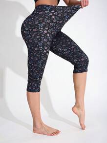 Women's Casual Stretchy Sporty Printed Leggings, Soft & Comfortable Floral Daisy Patterned, Suitable For Fitness, Workout, Running, Lifting, Outdoor Activities, Daily Wear, Capri Length
