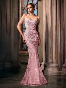 LUVISTRUE 仙女气质珍珠装饰礼服女式亮片晚礼服适合毕业季舞会、生日派对、联欢晚会、鸡尾酒会、音乐会、颁奖典礼单肩及地长裙 - 粉色 - 查看 5