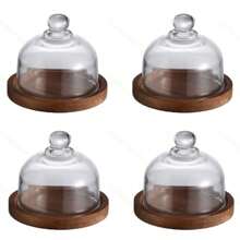 1 pieza/4 piezas Bandeja de servir mini de postre con cúpula de vidrio, expositor de pastel de madera