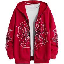 Men Y2K Fashion Hoodie Red Spider Web Print Zip Up Hoodie Clothes Hoodies Goth Long Sleeve Sweatshirt Oversized Top Men Clothing - Red - View 2