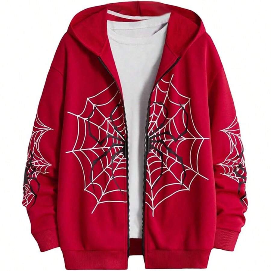Men Y2K Fashion Hoodie Red Spider Web Print Zip Up Hoodie Clothes Hoodies Goth Long Sleeve Sweatshirt Oversized Top Men Clothing