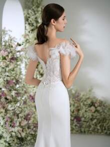 Wedding Dresses White Off The Shoulder Contrast Lace Satin Mermaid Western Bridal Shower Dress Elegant Wedding Dresses For Bride With Train