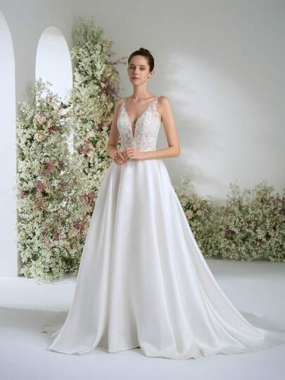 Elasola 婚纱白色深 V 领缎面华丽正式晚会舞会浪漫婚礼宾客礼服，优雅新娘婚纱