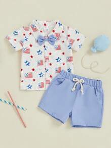 Toddler Baby Boy 4th Of July Outfit American Flag Print Button Down Turn Down Collar Short Sleeve Shirt And Shorts 2 Pcs Set - White - View 6