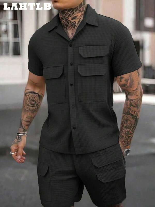 Conjunto de Camisa de Manga Curta com Botão e Bolso e Shorts de Cor Sólida para Homens