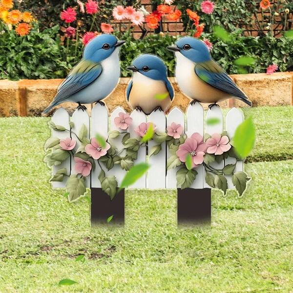 1 pieza de decoración de primavera con tres pajaritos lindos en la valla, decoración de jardín acrílica simple y elegante en 2D, decoración de jardín al aire libre, arreglo grande para macetas de flores, ideal para fiestas y el mejor regalo para familiares y amigos cercanos