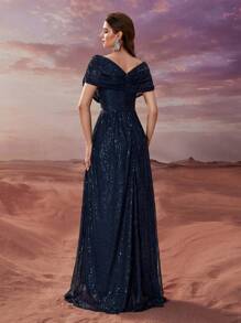 YISIKADO 女士闪亮优雅双V领褶饰正式晚礼服、派对礼服、长袍、婚礼宾客礼服 - 藏蓝色 - 查看 2