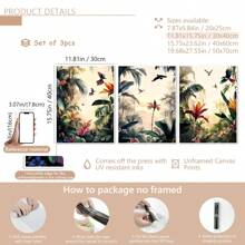 3 pièces/set Peinture de paysage de forêt tropicale imprimée sur canevas enveloppée sans cadre, set de décoration, style de peinture sur canevas moderne et déco art classique pour maison, bureau, salle de bain, salon, chambre, salle à manger - Paysage encré avec motifs de feuillage pour le printemps/été, utilisation intérieure et extérieure, thème art déco, affiches, décoration murale, accessoires de décoration moderne, botanique, animaux