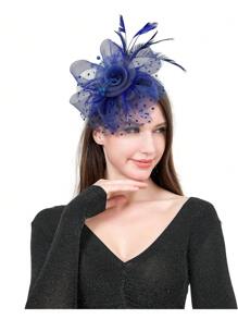 迷人帽子 20 年代 50 年代帽子 药盒帽 鸡尾酒茶会头饰 带面纱 适合女孩和女士，V 形花卉印花优雅天然羽毛迷你帽 - 款式 - 查看 1