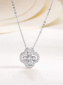 1pc Elegant S925 Sterling Silver Four-Leaf Clover Pendant Necklace With Rhinestones, Double-Sided Wear, Luxury Gift For Women, Wedding Party - Silver - View 2