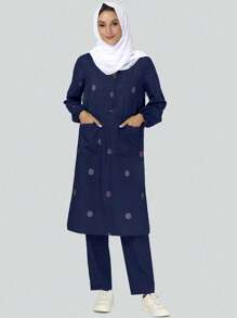 cimmuovere Casual Print V-Neck Long Sleeve Loose Side Split 3-Pocket Top With Elastic Waist 2-Pocket Solid Color Pants, 5 Pockets Scrub Uniform Set - Light Wash - View 4