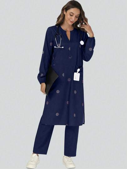 cimmuovere 休闲印花 V 领长袖宽松侧开衩 3 口袋上衣，松紧腰 2 口袋纯色裤子，5 口袋手术服套装