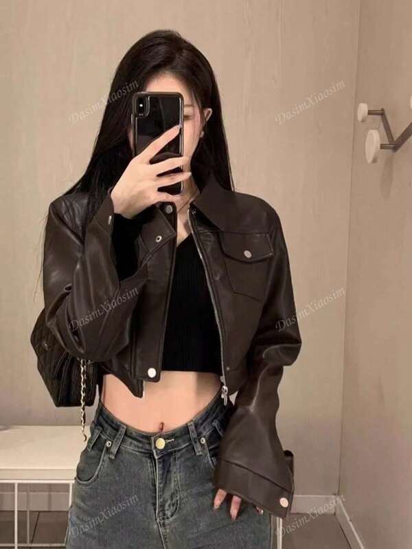 New Women's PU Leather Jacket, Lightweight Stylish Blazer For Spring & Autumn
