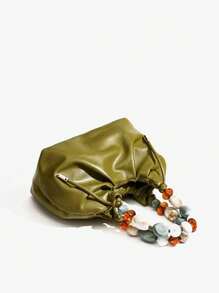 1 件新款简约纯色珍珠手提包，中国风单肩包/斜挎包，小众设计手提包，时尚百搭优雅串珠链条褶皱包 - 綠色 - 查看 4