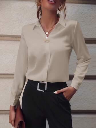 QIANZHIDU 女士经典白色商务衬衫，长袖，领口饰有圆环，常规版型，缎面质感，优雅白色长袖翻领衬衫，时尚圆环点缀，法式休闲纯色长袖衬衫，商务、面试、通勤、休闲、优雅