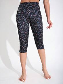Women's Casual Stretchy Sporty Printed Leggings, Soft & Comfortable Floral Daisy Patterned, Suitable For Fitness, Workout, Running, Lifting, Outdoor Activities, Daily Wear, Capri Length