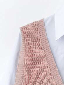 Plus Size V-Neck Random Print Pocket Knitted Sweater Dress Casual Pink - Pink - View 4