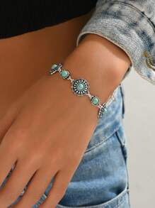 1 peça Pulseira estilo boêmio com design de girassol e flor de abóbora turquesa, pulseira vintage com flor pequena turquesa para mulheres, adequada para uso diário