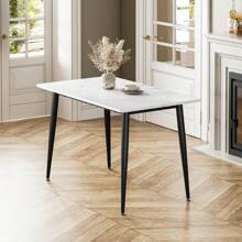 Living Dining Table And Chairs Set Of 4, 120CM Marble Effect Dining Table With 4 Faux Leather High Back Dining Chairs,Modern Dining Table Set For Home/Kitchen Office (White Table) - 白色桌面+黑色桌腳 - 查看 1
