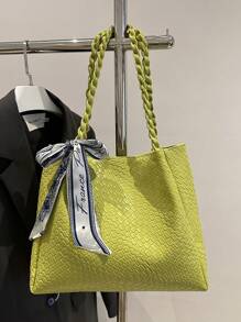 1 pièce Sac fourre-tout décontracté pour femmes, grande capacité, design minimaliste couleur unie 2025, sac à bandoulière polyvalent, motif gaufré unique, bandoulière confortable, convient pour l'université, les courses, les sorties, avec ruban - Vert - Voir 8