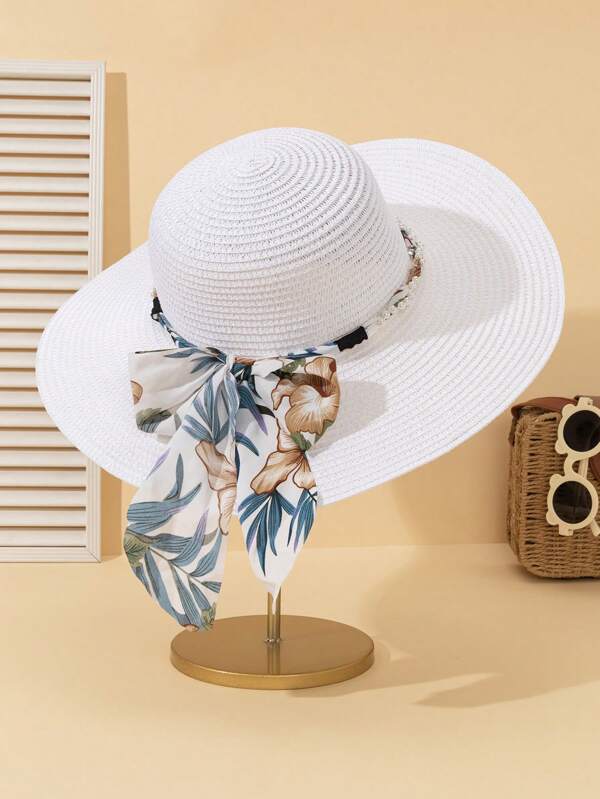 1pc Women's White Wavy Bowknot Beach Sun Hat, Elegant Sun Protection Beach Hat For Travel & Holiday