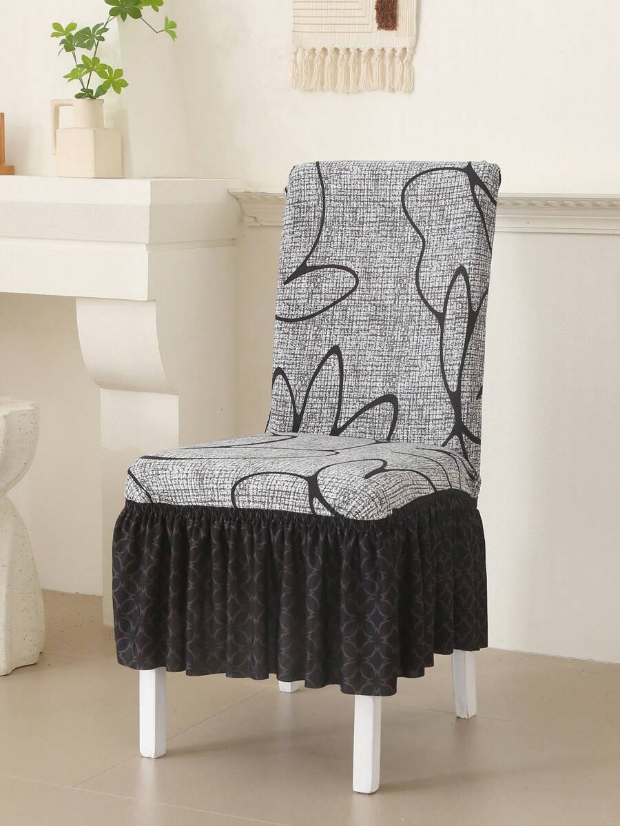 1pc Printed Edge Chair Cover, Stretch Universal Dining Table Chair Slipcover - Grey - View 1