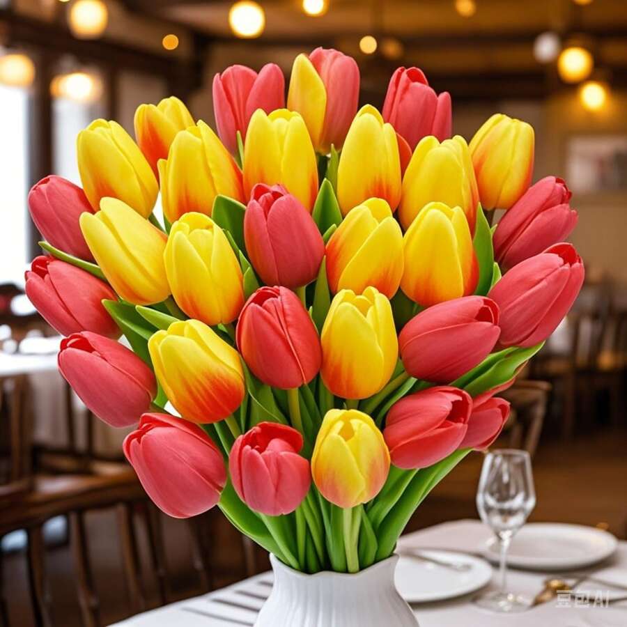 20pcs/5pcs/ Artificial Tulips, Real Touch Faux Flowers For Outdoor Patio Decor, Spring Season Plastic Tulip Bouquet For Home, Wedding, Office - No Container, Perfect For Valentine'S Day, Mother'S Day, Thanksgiving, Graduation, Juneteenth - Yellow & Red