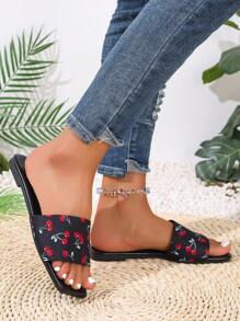 2025 Summer New Women's Black Strap , Cherry Pattern Breathable Anti-Slip Beach Sandals, Casual Open-Toe Flat Slides - Black - View 4