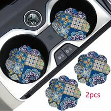 2pcs Bohemian Style Pattern Car Cup Coaster, Stylish Fast-Drying Non-Slip Car Cup Mat