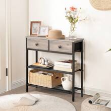 29.5" Narrow Console Table With 2 Fabric Drawers, Small Entryway Table With 3-Tier Storage Shelves, Thin Sofa Table, Side Table, For Living Room, Hallway, Greige And Rustic Brown - Grey - View 1