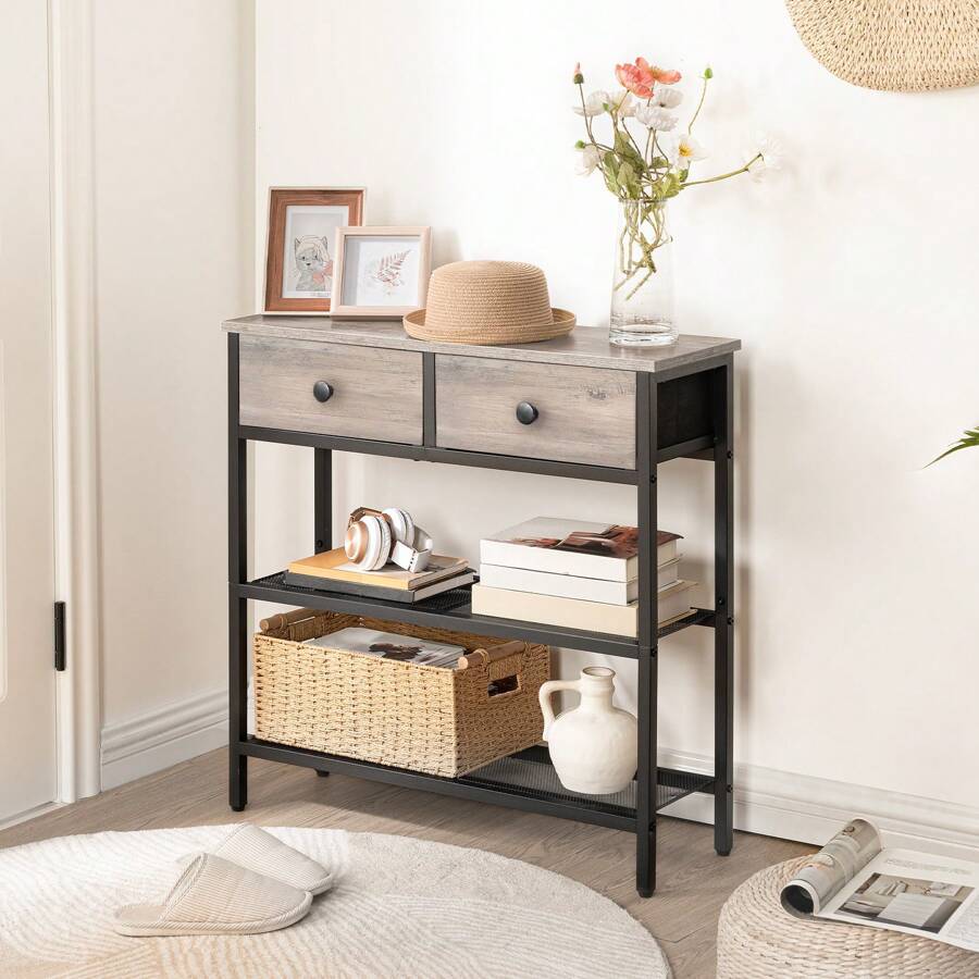 29.5" Narrow Console Table With 2 Fabric Drawers, Small Entryway Table With 3-Tier Storage Shelves, Thin Sofa Table, Side Table, For Living Room, Hallway, Greige And Rustic Brown - Grey - View 1