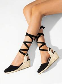 Women's Platform Espadrilles, Closed Toe Wedge Sandals With Elastic Ankle Strap - Black - View 4
